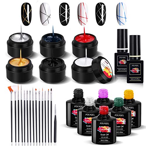 MYSWEETY 6 Colores Spider Gel, Esmalte en Gel para Uñas Araña de 6 Colores para Uñas, Gel Matriz con Geles para Diseñar Las Uñas con 6 Colores Gel, 1 Set Pluma de Uñas, 1 Top Coat, 1Base Coat