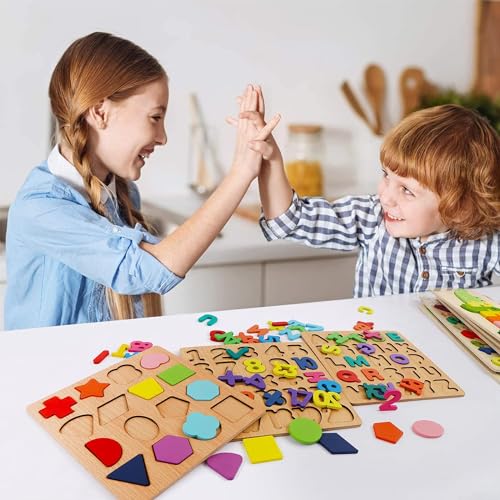 Image of Kidology Wooden Puzzles for Toddlers for Kids Preschool Learning Toys, Wooden Montessori Toddler Puzzles Wooden Alphabet, Number, Shape Puzzles for Kids 2-4 Years Old (Wooden Puzzle - 3Pcs)