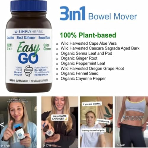 Simply Herbs Easy Go Bowel Mover - Adult Cleansing Supplement for Colon Health Support - Bowel Movement Aid - Stool Softener - Daily-Use Laxative - Plant-Based Ingredients - Vegan - 100 Count (2 Pack) - Image 4
