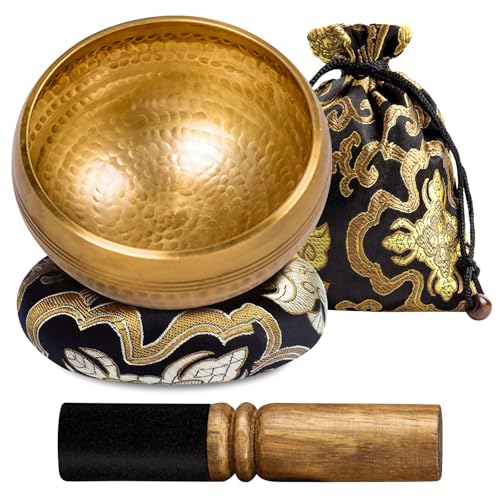 Bol Tibetain, Bol Tibétain Artisanal Fabriqué pour Méditation Yoga Détente Guérison avec Maillet en Cuir et Bol Chantant, Bol Tibetain Fait Main