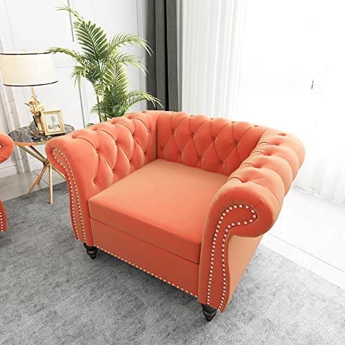 Image of Chesterfield Chair, Modern Velvet Tufted Accent Sofa Couch Chair with Scroll Arms and Nailhead for Living Room, Bedroom, Office, Apartment (Orange)