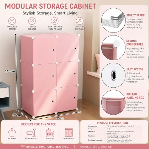 Image of Mevigo Plastic Wardrobe for Kids & Baby | 6-Door Cupboard for Clothes | Almirah for Kids Clothes | Collapsible Baby Wardrobe | Cupboard Storage Rack for Toys Books | Bedroom -Pink
