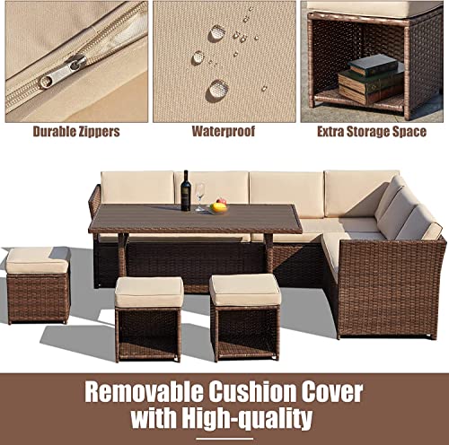 Image of DEVOKO 6 PCS L-Shape Wicker Patio Dining Sectional Conversation Sofa Set and Wooden Top Dining Table, Ottomans and Cushions (Dark Brown & Cream)