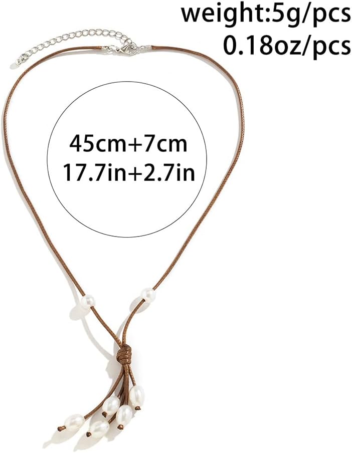 Octwine Bohemian Y Shaped Choker Vintage Brown Leather Pearl Necklace Bar Party Prom Necklace Dainty Elegant Chain Trendy Costume Necklace for Women - Image 7