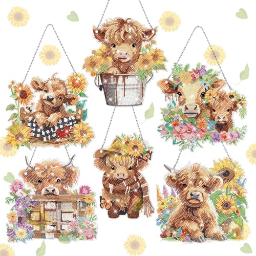 Chitidr 6 Pcs Highland Cow Diamond Art Wreath Hanging Sign Set Cow Diamond Art Hanging Wall Art DIY 5d Crystal Rhinestone Wreath Kits