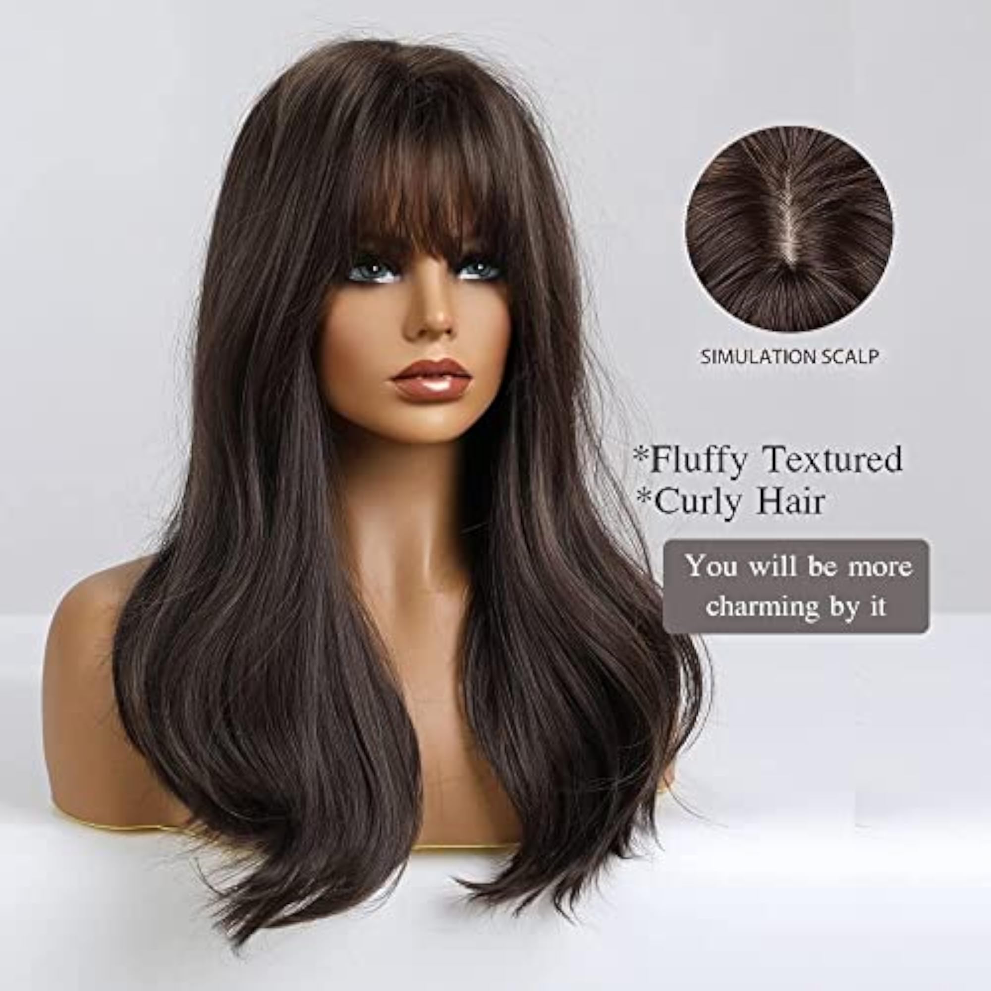 Brown Wavy Long Synthetic Wig with Bangs