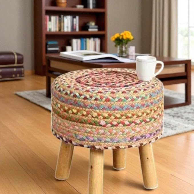 Sitting Solutions for Home – Wooden Frame Round Ottomans | Ottoman for Living Room Sitting | Bedroom, Study & Makeup Table, 16x16x18 Inch (Jute-Mix-Color) Sitting Solutions for Home – Wooden Frame Round Ottomans | Ottoman for Living Room Sitting | Bedroom, Study & Makeup Table, 16x16x18 Inch (Jute-Mix-Color)