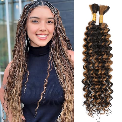 Boho Hair for Braiding Mix Synthetic Human Braiding Hair, 22 Inch Deep Wave Bundles Boho Braids, 2 Bundles Packs Bulk Curly Bohemian Hair Extensions (P4/27, 22 Inch)