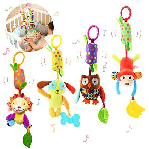 BLOOBLOOMAX Baby Soft Hanging Rattle, Car Seat Stroller Toys with Plush Animal C-Clip Ring for Infant Babies Boys and Girls 3 6 9 to 12 Months (4pcs)