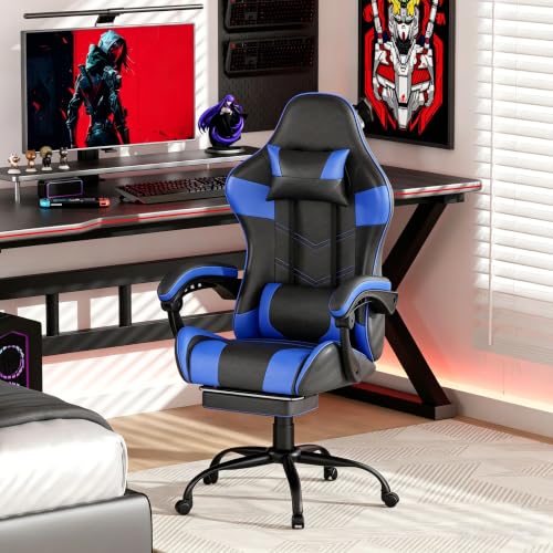 Image of Gaming Chair with Footrest, Ergonomic Video Game Chair with Headrest and Lumbar Support, 400 lbs Adult Chair, Height Adjustable 360 Swivel High Back Reclining Computer Chair for Home Office (Blue)