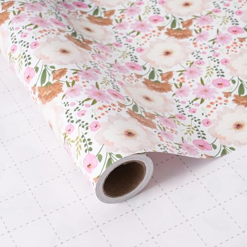 ZINTBIAL White and Pink Floral Wrapping Paper Roll for
