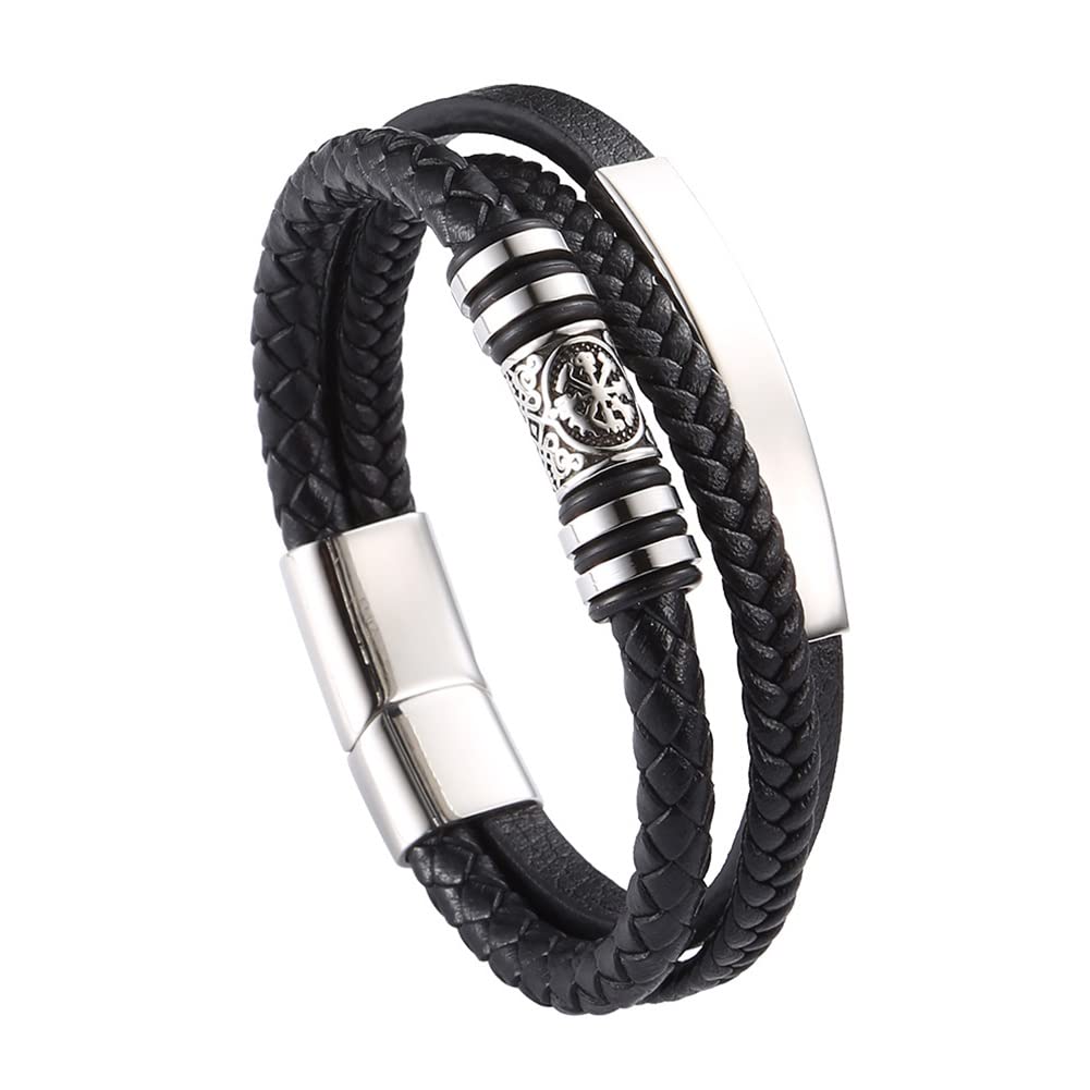 DFWY Viking Compass Bead Leather Bracelet - Men Stainless Steel Bead Punk Braided Rope Wristband - Nordic Triquetra Knot Bracelet Celtic Pagan Jewelry(Vegvisir,21CM)