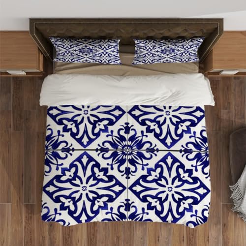 Boho Duvet Cover Pillowcase Portuguese tile pattern scale blue white mosaic ornament Portugal Comforter Duvet Cover Set with Zipper Soft Breathable Bedding Set for Boys Girls Room Decor Queen Size