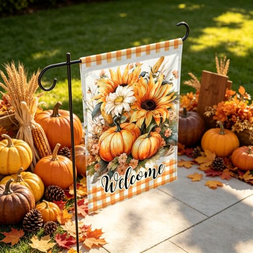 Image of Fall Garden Flag 12x18 Inch Double Sided Welcome Sunflower Pumpkin Outdoor Yard Flag Autumn Porch Decor