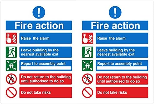 Pack of 2 Raise The Alarm Fire Action Notice Signs 150mm x 200mm - Self Adhesive