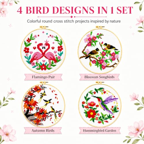 Image of Zhenqing 4 Bird Circle Cross Stitch Kit 11CT Pre-Printed Floral Bird Embroidery Kit with 20cm Hoop, Flamingo Hummingbird Songbirds DIY Beginner Craft Home Wall Decor Gift