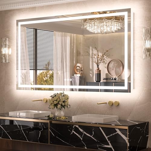 TETOTE LED Bathroom Mirror 60 x 36 Inch with Frontlit & Backlit Lighted Vanity Mirror Anti Fog Stepless Dimmable 3 Colors White/Warm/Natural,CRI90+ Double Lights,Wall-Mounted(Horizontal/Vertical)