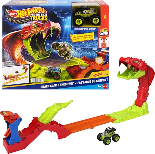 Hot Wheels Monster Trucks Toy Playset, Snake Slam Takedown Track Set with Exclusive 1:64 Scale Bone Shaker Toy Vehicle, Includes Track