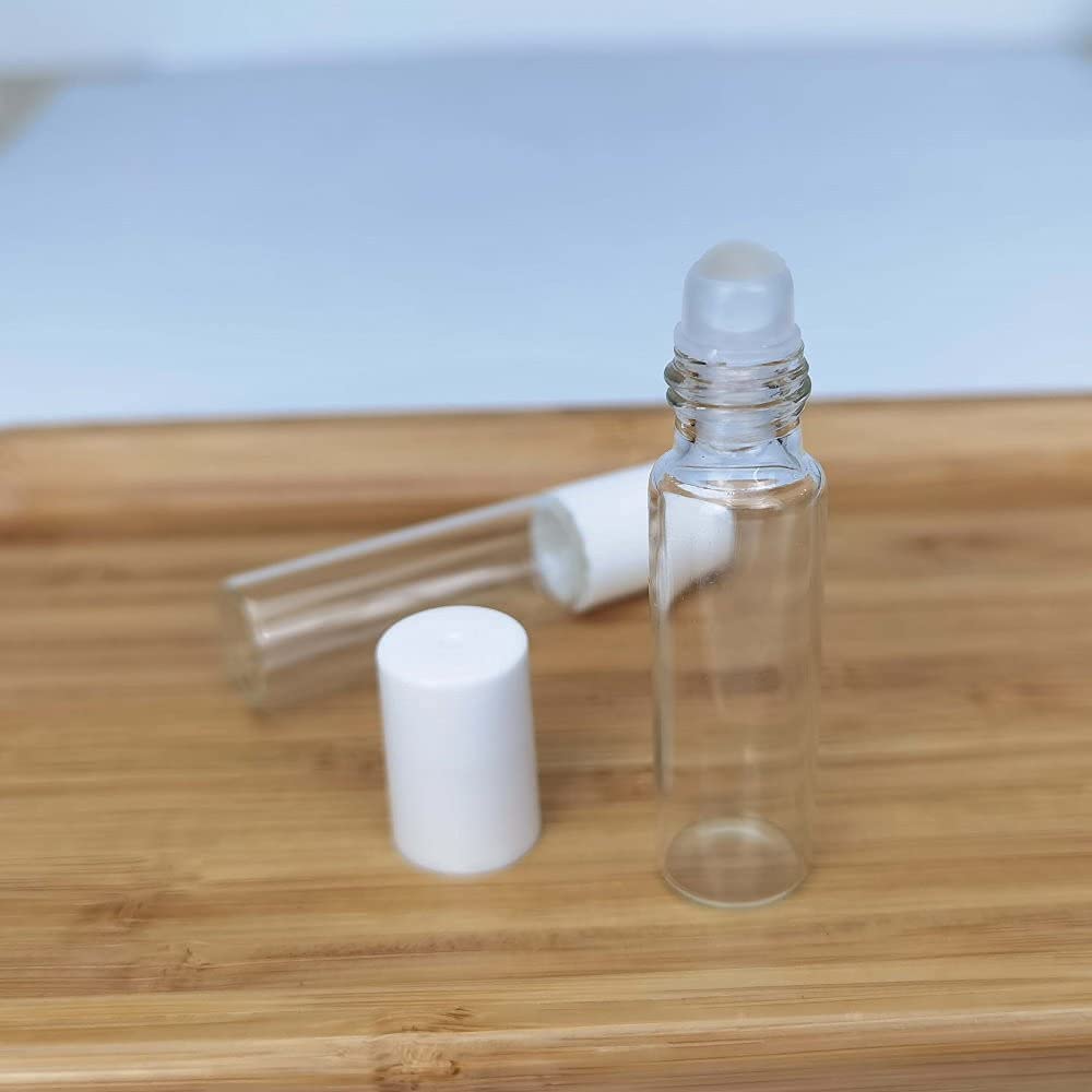 50 szt. butelek z białego szkła – 5 ml, idealne do olejów i podróży, zawiera pokrywki