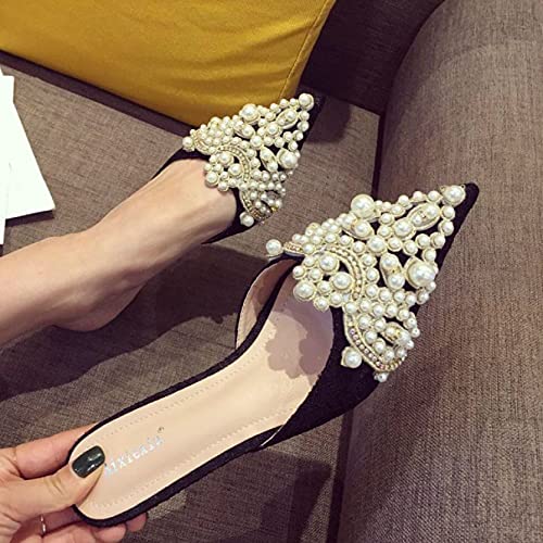 Qscq Mule Sandals Mid Heel For Lady Casual Pearl Closed Toe Slingback Slippers Kitten Heeled Dress Slide Shoes #TOP2