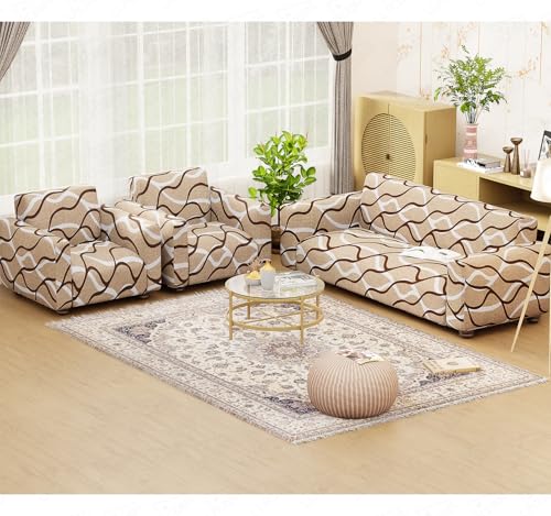 Image of Lukzer 5 Seater Sofa Cover - Beige Lining | Sofa Cover 3+1+1 Seater | 360 Fully Covered Anti-Slip Washable Couch Cover Protecter | 140 GSM Stretch Fit Polyester + Spandex Slipcover (SC-021-05)