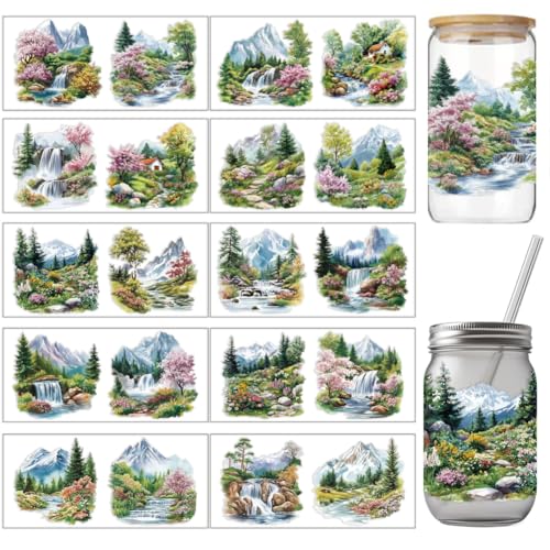 arricraft 10 pz Adesivi per Tazze In PVC con Motivo A Cascata Nella Foresta, Adesivo per Tazza Impermeabile Ai Raggi UV con Fiori Colorati, Paesaggio, per Bicchieri Da 16 oz, Decorazione per Finestre