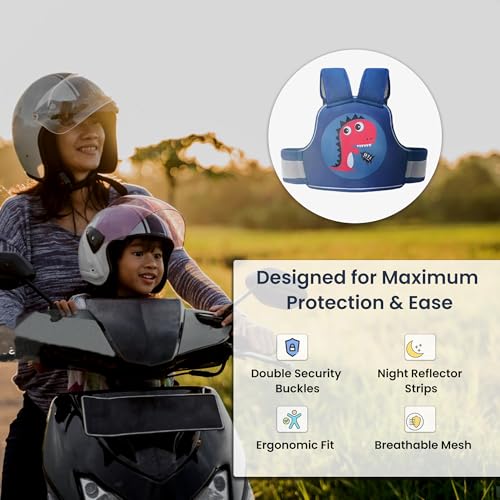 Image of POLKA TOTS Premium Safety Belt for Kids for Bike & Scooty | Kids Safety Belt for Two wheeler with Reflective Strips for Night Riding | 3-Point Baby safe Buckle | Adjustable and Cushioned Shoulder & Waist Straps | 0 to 10 Year