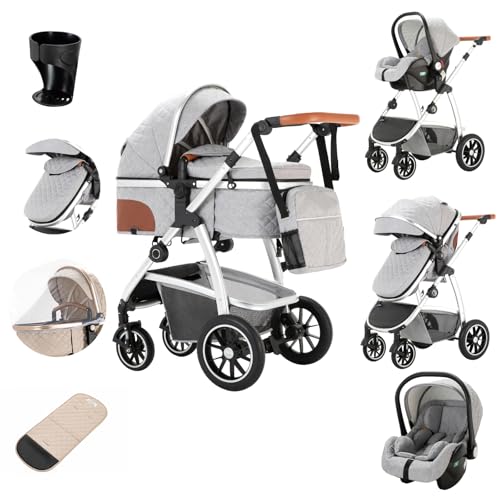 Zkiprm - Silla de paseo, cochecito y silla de coche, 3 en 1, compacta y portátil, reposabrazos ajustables, protección contra impactos, estructura de aluminio, gris claro