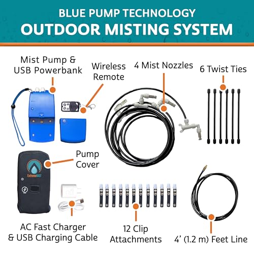 Professional Grade Portable Misting System - 4 Mist Nozzles | Pump | Easy to Setup | 16 ft. Mist Line for Outdoor Patios, Golf Carts, Greenhouses, Canopy and Decks - Cools The air up to 30°F (17°C)!