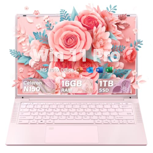 Image of 14 inch 2K IPS Pink Laptop for College Students | 1TB+16GB RAM, N150 4-Core,Backlit Keyboard+Fingerprint,USB-C Charging,Privacy Shutter, 6000mAh,3.1lbs,180 Hinge,Win11 Pro