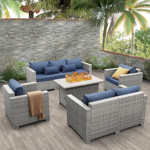 WAROOM Patio Furniture Set 5 Piece Grey Wicker Outdoor Furniture with Fire Pit Table, Patio Sectional Sofa Couch Sets Backyard Deep Seating PE Rattan Chairs, Navy Blue Cushion