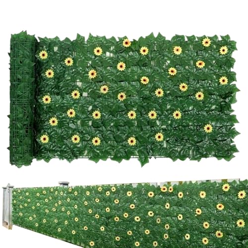 Valla de hiedra – Pantalla de privacidad de hiedra, 300 cm de hoja decorativa, panel de tela de polipropileno y seda con 96 girasoles – seto realista para jardines, patios, balcones, paredes y