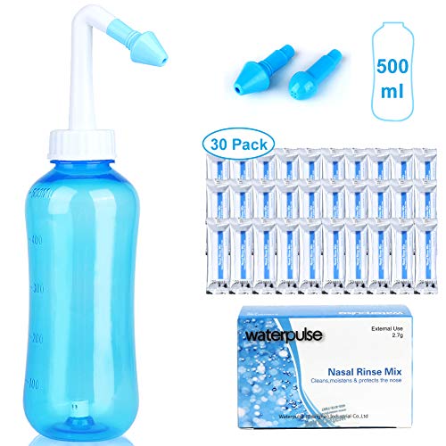 Lavado nasal, kit de enjuague Sinus, 500 ml, limpiador de lavado nasal hidro ajustable, sistema de riego sinusal con 30 paquetes de sal de lavado de nariz para adultos y niños, alergias y sinus