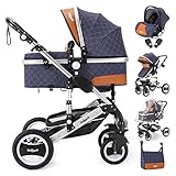Daliya® Bambimo 3in1 Kinderwagen Riesenset 15-Teilig Kombikinderwagen Babywanne, Buggy, Babyschale mit Fußsack, Alu-Rahmen, Voll-Gummireifen, Wickeltasche, Ess- & Spieltisch (Blau mit Raster)