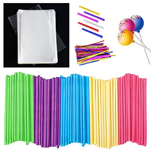 sinzau Cake Pop Sticks for DIY Crafts: 300Pcs Colourful Paper Lollipop Sticks Kit with Package Bags and Metallic Twist