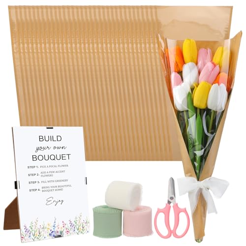 Tinlade 75 Pcs Wedding Flower Bar Kit Include Flower Bar Sign Clear Bouquet Wrapping Bags Scissors and Light Pink Green White Chiffon Ribbons Floral Wraps Supplies for Wedding Reception Table