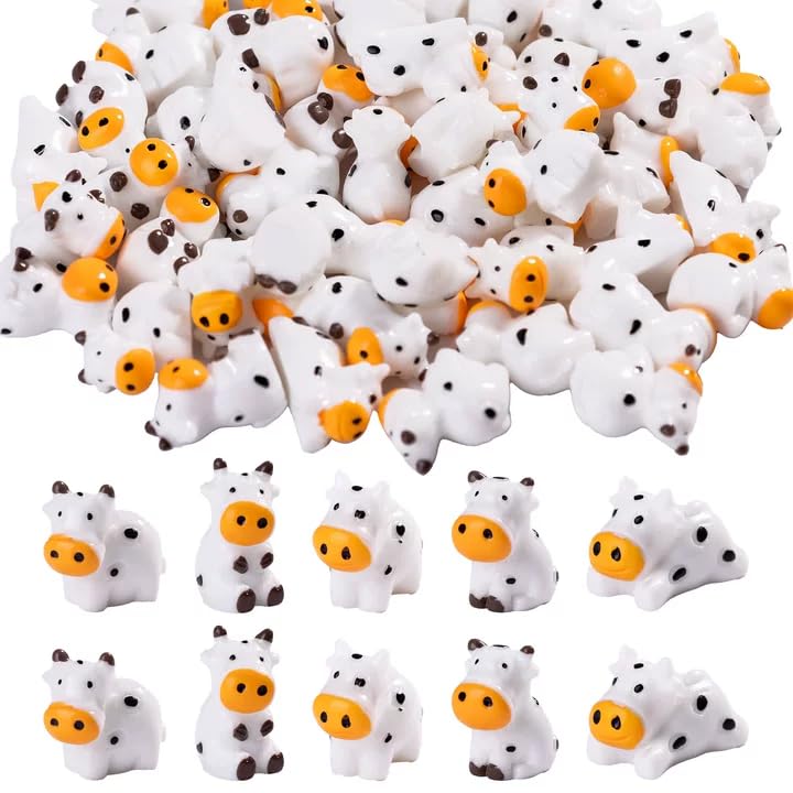 Teenzee 50 Pcs Mini Resin Cow Figurine Bulk Mini Cow Figurine Cake Decorations Cute Miniature Resin Sculpture Ornament Micro Landscape Office Garden Desk Party Tabletop Decor