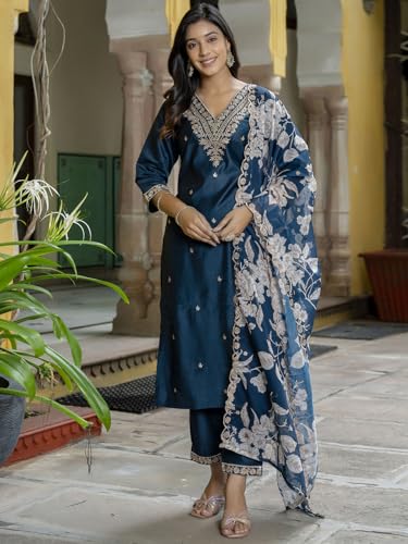 Image of VredeVogel Kurta Set with Dupatta | Embroidered Viscose Rayon Kurta Pant Set for Women | Women's Ethnic Casual Kurti Set
