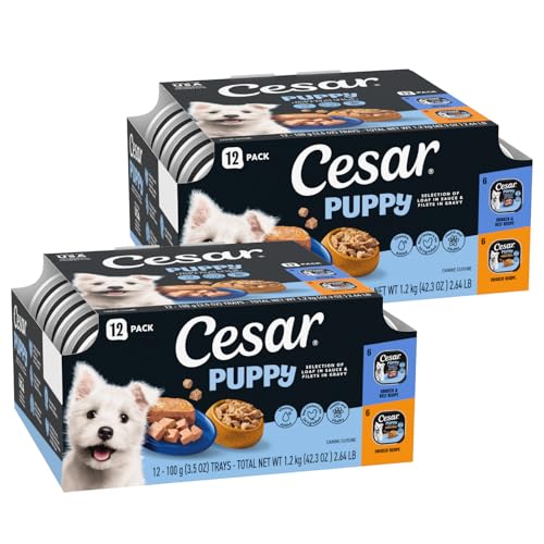Cesar Puppy Classic Loaf in Sauce and Filets in Gravy Wet Dog Food Variety Pack, Chicken & Beef and...