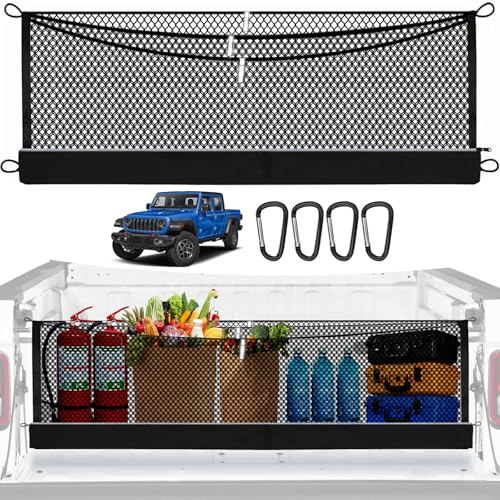 Image of 3-Layer Cargo Net for Jeep Gladiator 2020-2026, Zoned Storage Cargo Netting | Truck Bed Net with Integrated Zippered Storage Bag, Heavy-Duty Cargo Organizer Netting for Camping, Trips & Everyday Use