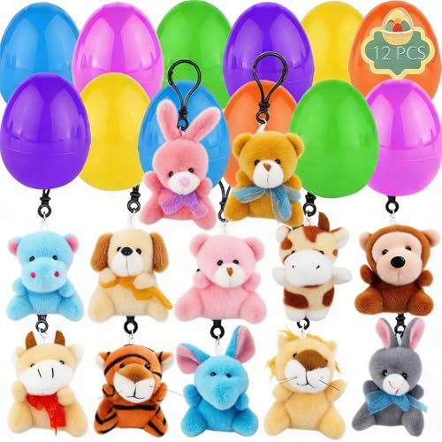 CAMIRUS 12Packs Filled Easter Eggs with Mini Plush Animal Toys,