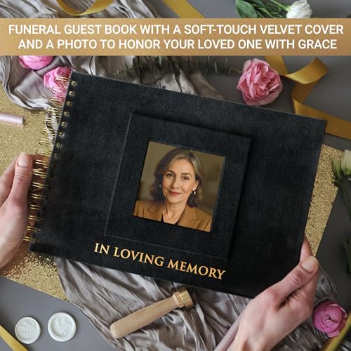 Image of Funeral Guest Book for Memorial or Celebration of Life - Velvet Hardcover with Photo Frame - Includes Pen or Marker and Sign (Black - Large)