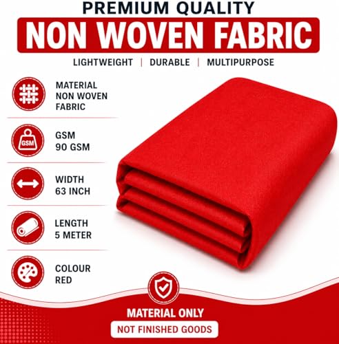 Image of Non-Woven Fabric 90 GSM | 63 Inch (160 cm) Width | 5 Meter Length | Multipurpose Fabric for Bag Making, Lining, Craft & Home Utility | Durable, Easy to Clean & Reusable | Red.