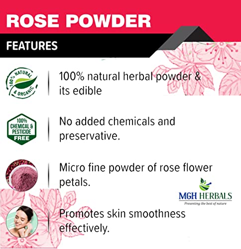 Image of MGH Herbals Organic Rose Petal Powder - 100g | Rosa indica for Facial & Skin Care| 100% Pure & Natural Rose Powder for Tanning & Glowing Skin