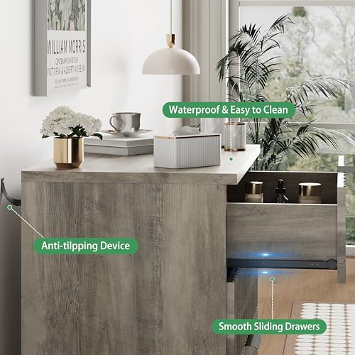 Image of Xixini Fluted Nightstand, 31.5 inch Wide Side Table with 4 Large Storage Drawers, Mid Century Modern Wood Night Stand with Metal Handle, Wooden Bedside End Table for Bedroom, Grey