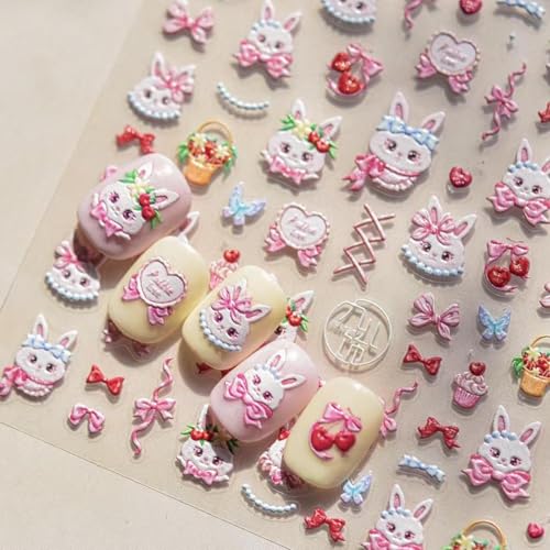 Image of Easter Nail Art Stickers Rabbit Nail Decals Cute Cartoon Nail Stickers for Nails Art Self Adhesive 5D Embossed with Design Bow Nails Charm for Women Girls Kid DIY Manicure Supplies Decoration