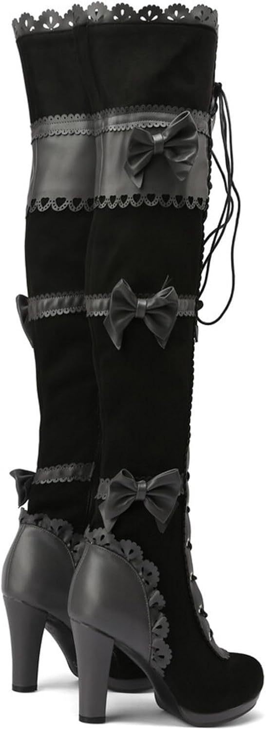 Generic Women Over Knee Boots Fashionable New Pattern Simple Bow Decoration Round Toe Comfortable Lace Up Chunky over The Knee Boots, 6.5