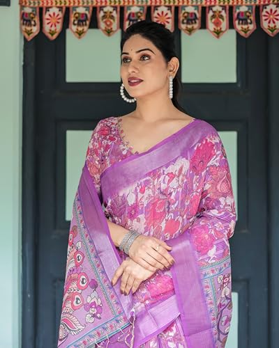 Image of Kaugalian store Linen Cotton Floral Printed Saree for Women with Unstitched Blouse Piece | 5.5 M Saree & 0.8 M Blouse