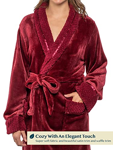 Pavilia Soft Plush Women Fleece Robe, Burgundy Wine Red Cozy Bathrobe, Female Long Spa Robe, Warm Housecoat, Satin Waffle Trim, L/Xl #TOP2