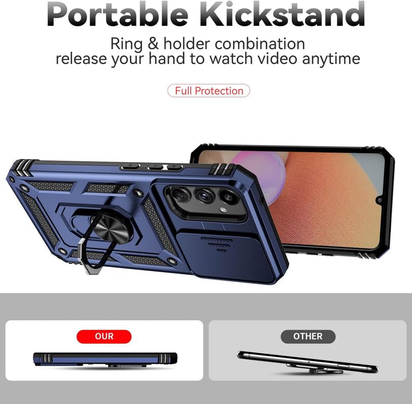 Image of SkyTree Samsung Galaxy F14 5G, Robotic Sliding Camera Window Shock Proof Thunder Case, Dual Layer Hybrid Shockproof Back Cover Case with Kickstand for Samsung Galaxy F14 5G - Blue